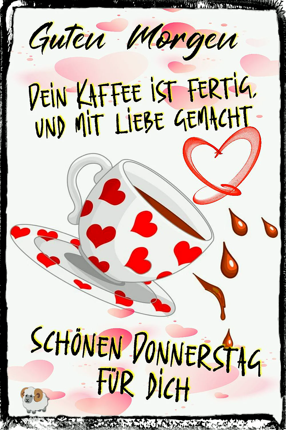 Ein Bild mit einer Tasse Kaffee, die mit roten Herzen bemalt ist. Die Tasse ist auf einem Teller und daneben ein Herz. Im Hintergrund rosa Herzen und ein kleines Lamm.
