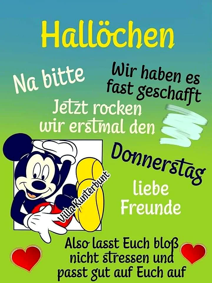 Fröhliche Mickey Mouse auf leuchtend grünem Hintergrund. Gelbe und weiße Schriftzüge verkünden Donnerstag-Grüße und Vorfreude auf das nahende Wochenende. Zwei rote Herzen betonen die herzliche Botschaft.