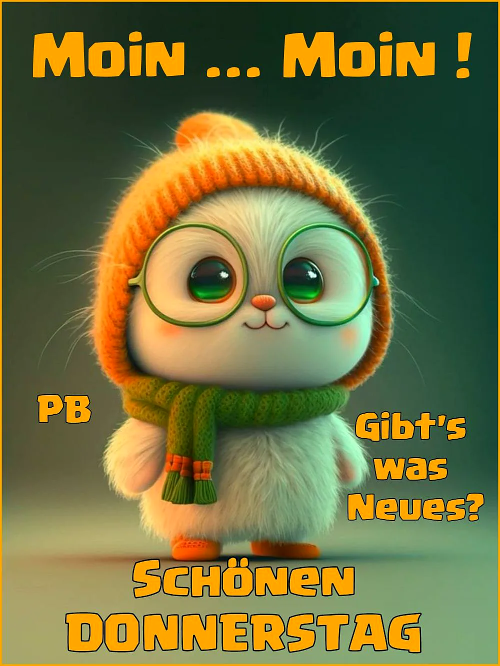 Ein niedliches Cartoon-Tier mit grünen Augen, orangefarbenem Hut und grünem Schal steht vor einem grünen Hintergrund. Das Tier trägt eine Brille und sieht freundlich aus.