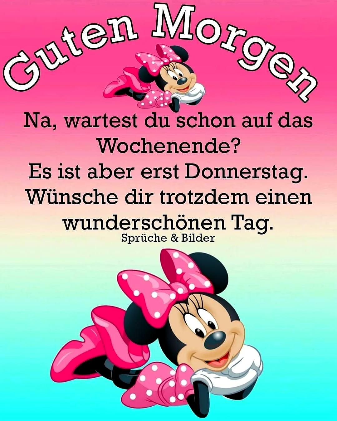 Ein farbenfrohes Bild mit Minnie Maus, die auf einem regenbogenfarbenen Hintergrund liegt. Minnie Maus trägt ein weißes Outfit und rosa Schuhe mit weißen Punkten. Der Text 'Guten Morgen' ist in großen Buchstaben oben auf dem Bild zu sehen.