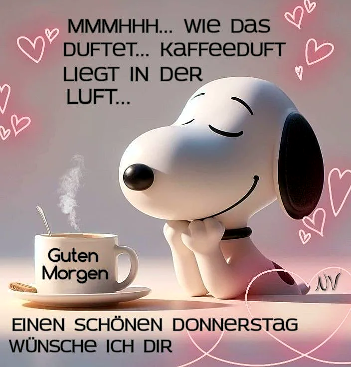 Ein Snoopy-Figur sitzt neben einer Tasse Kaffee mit der Aufschrift 'Guten Morgen'. Die Tasse ist auf einem Teller mit einem Löffel und einer Tablette. Der Hintergrund ist ein weicher, rosa- und lilafarbener Farbverlauf mit rosa Herzchen.