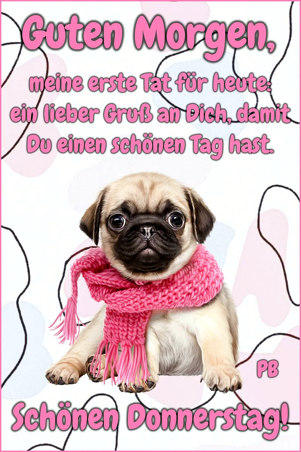 Ein süßer Pug-Welpe mit einem rosa Schal, vor einem weißen Hintergrund mit abstrakten Formen. Der Hund hat große, runde Augen und einen niedlichen Ausdruck.