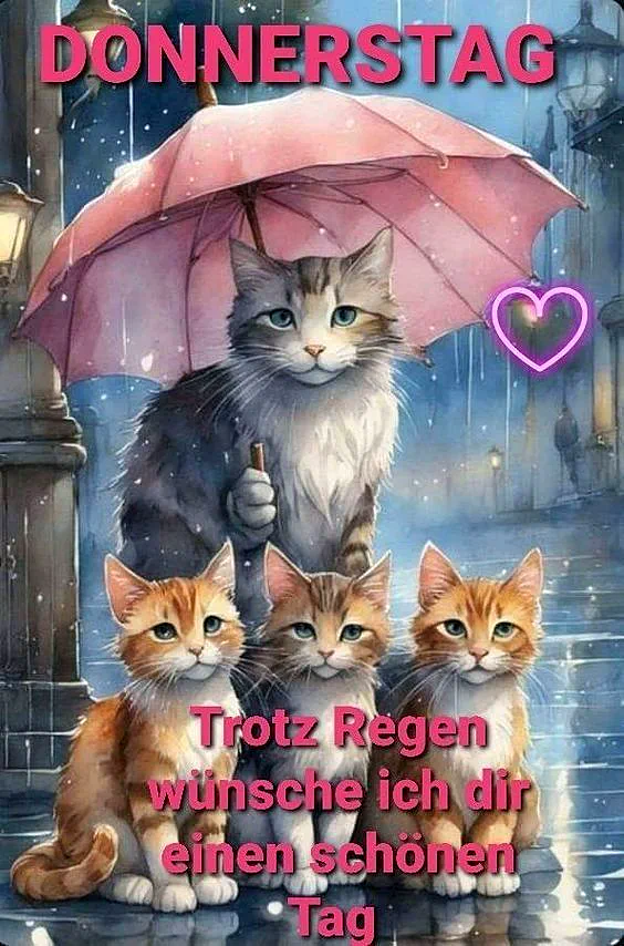 Ein großes graues und weißes Katzen unter einem rosa Regenschirm mit drei kleinen orange-weißen Kätzchen im Regen auf einer Straße bei Nacht. Laternen und ein Mensch im Hintergrund.