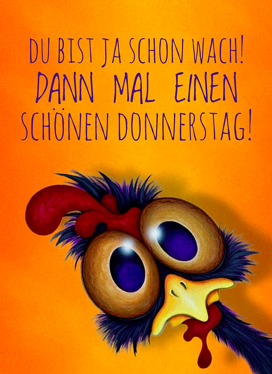Ein cartoonartiges Huhn mit großen, glänzenden Augen und einem roten Kamm auf dem Kopf. Der Hintergrund ist orange, und das Huhn hat einen fragenden Ausdruck.