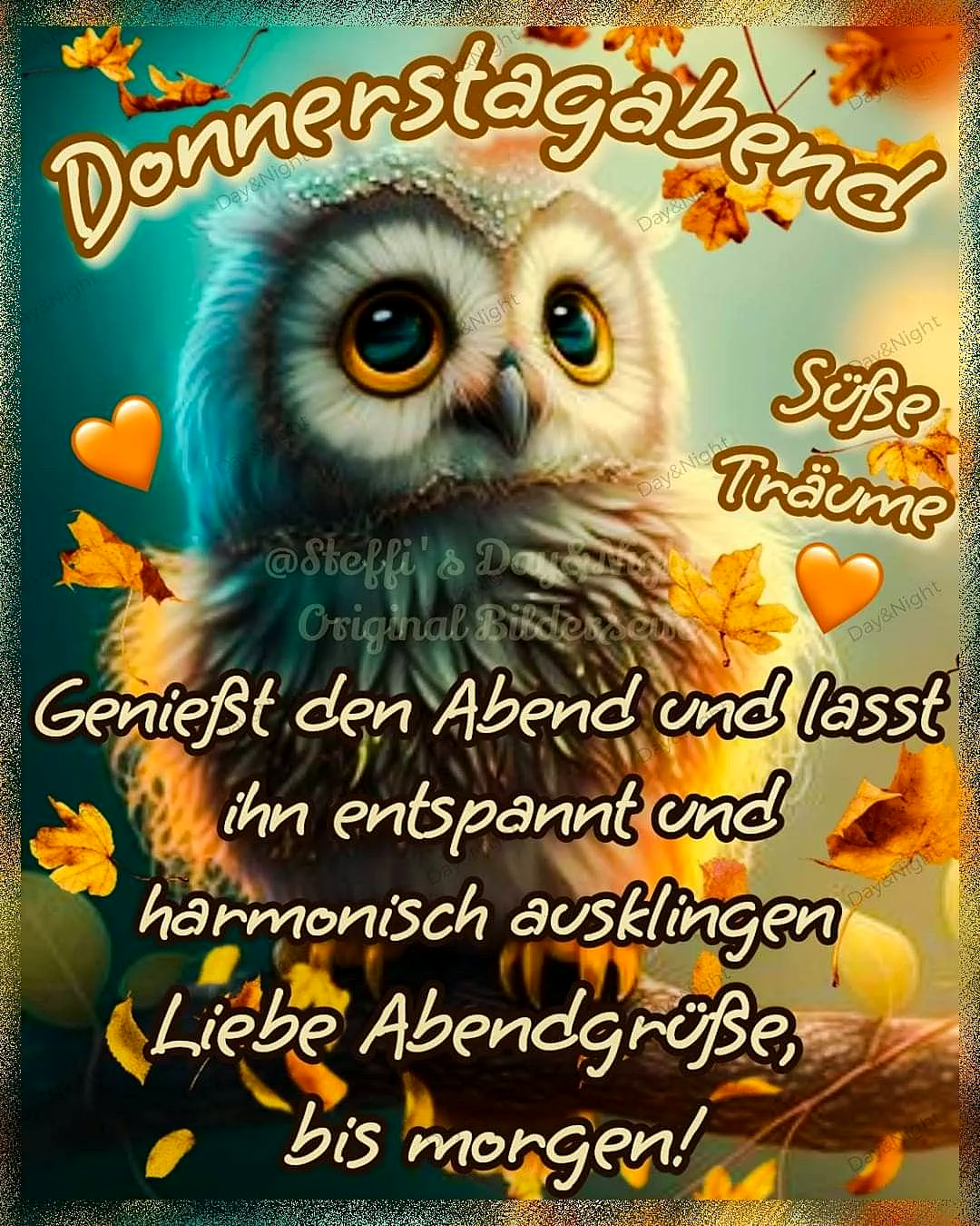 Ein niedliches Eulenbild mit großen Augen, umgeben von Herbstblättern und Herzen, vor einem weichen, grünlich-blauen Hintergrund.