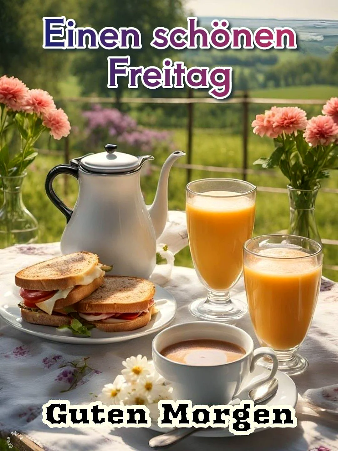 Ein Frühstückstisch mit einem Sandwich, zwei Gläsern Orangensaft, einer Kaffeetasse und einem Teekessel, umgeben von Blumen auf einer Terrasse mit Blick in die Natur.