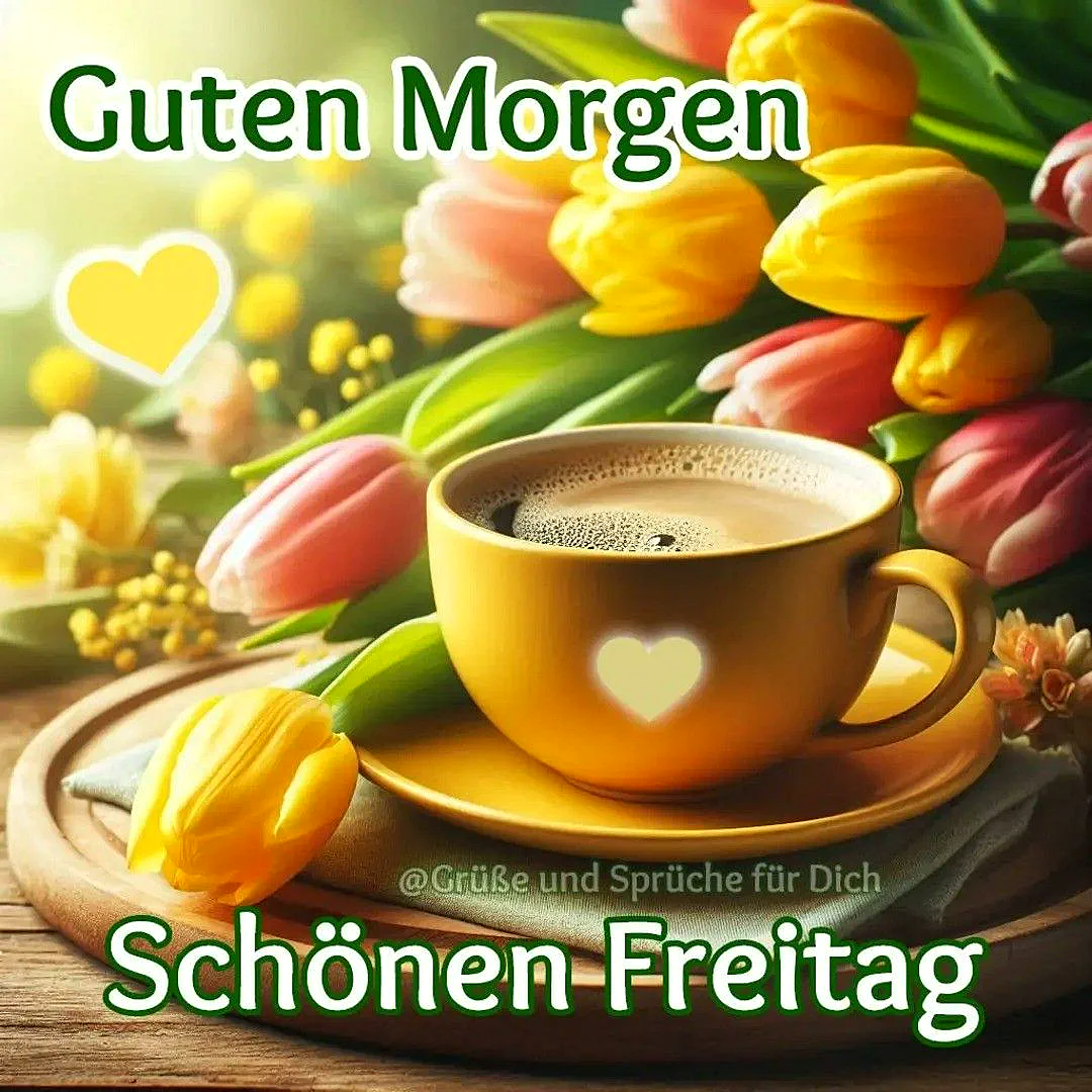 Ein gelber Kaffeebecher mit einem Herz auf einer Untertasse, umgeben von bunten Tulpen und anderen Blumen auf einem Holztisch.