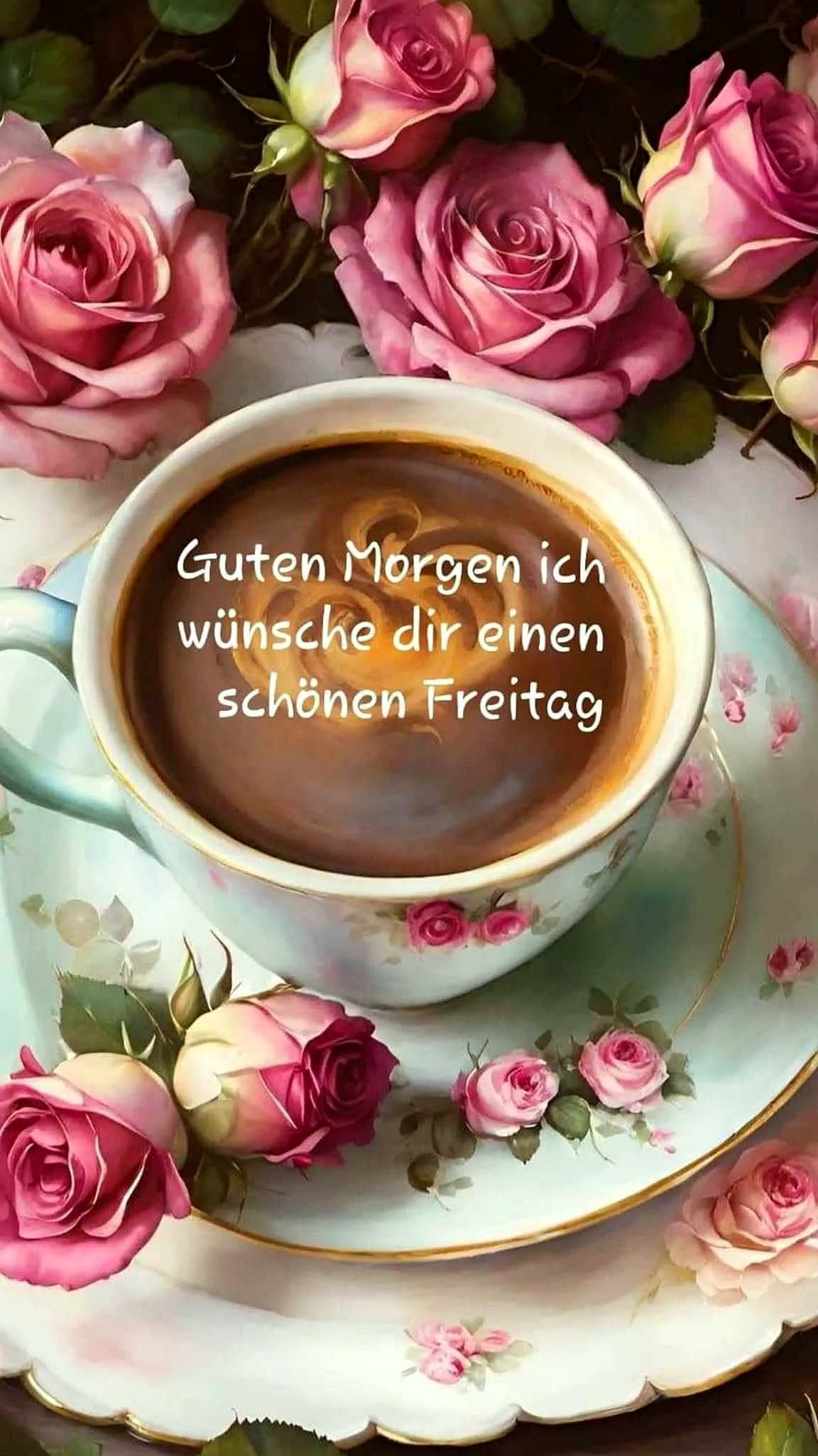 Ein floraler Kaffeebecher auf einem Teller mit goldenen Rand, umgeben von rosa Rosen, gefüllt mit Kaffee, auf einem dunklen Hintergrund.