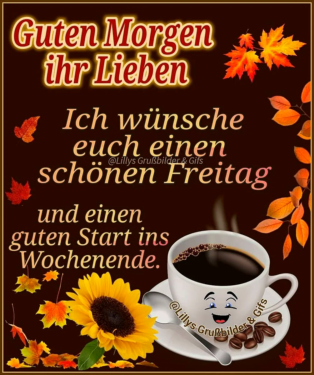 Ein herzliches Grußbild mit einer Tasse Kaffee, Sonnenblumen und Herbstblättern. Die Tasse hat ein freundliches Gesicht und ist von Kaffeebohnen umgeben. Der Hintergrund ist dunkelbraun mit Herbstmotiven.