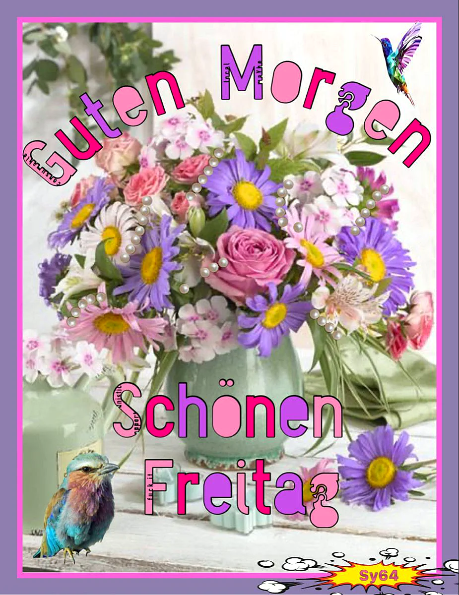 Ein farbenfroher Blumenstrauß in einer grünen Vase auf einem Tisch, umgeben von zwei Vögeln und einem Kolibri, mit pinken, violetten, weißen und gelben Blumen.