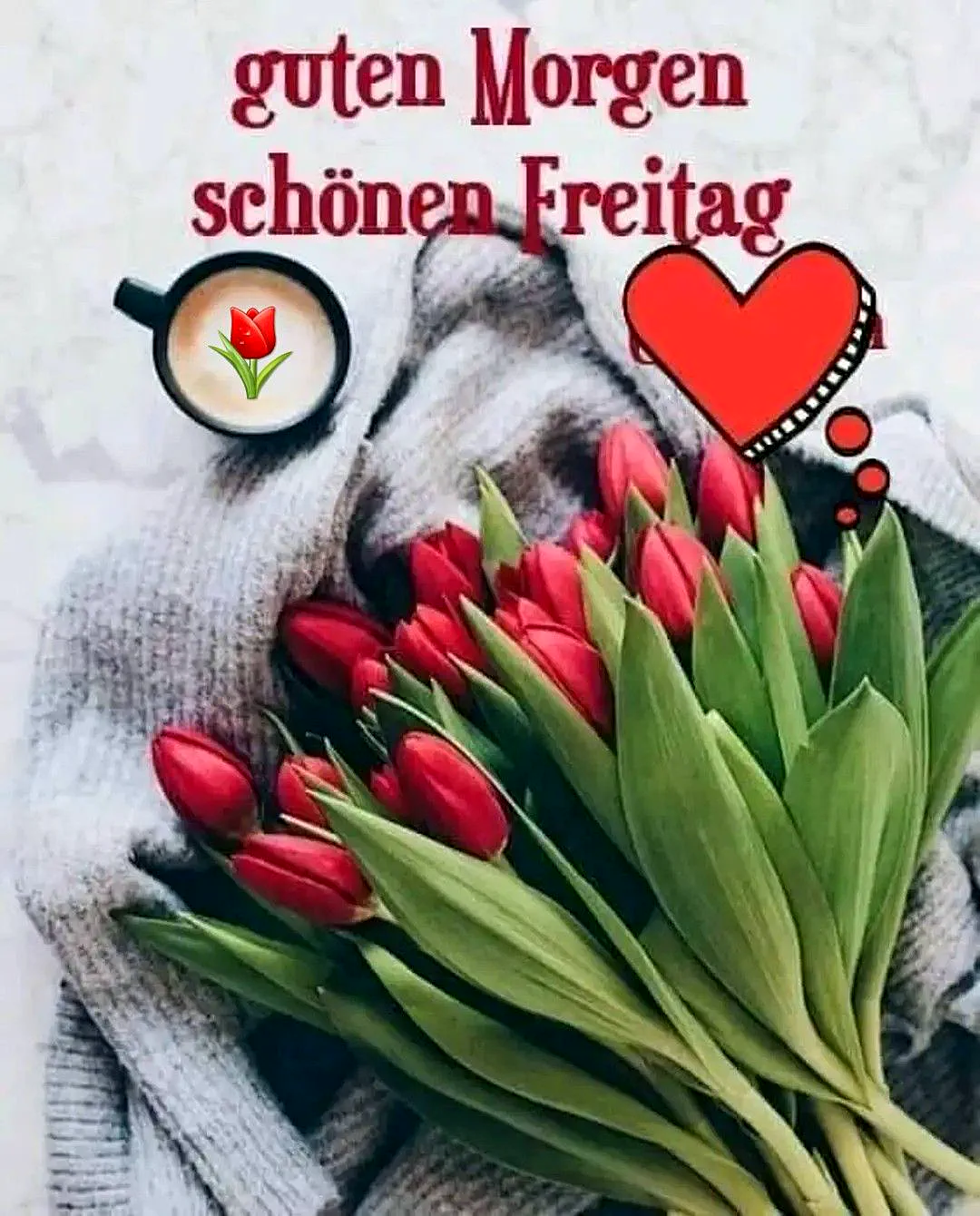 Ein Bild mit einer Tasse Kaffee, einer grauen Decke, einer rosa Tulpenblume und einem roten Herz