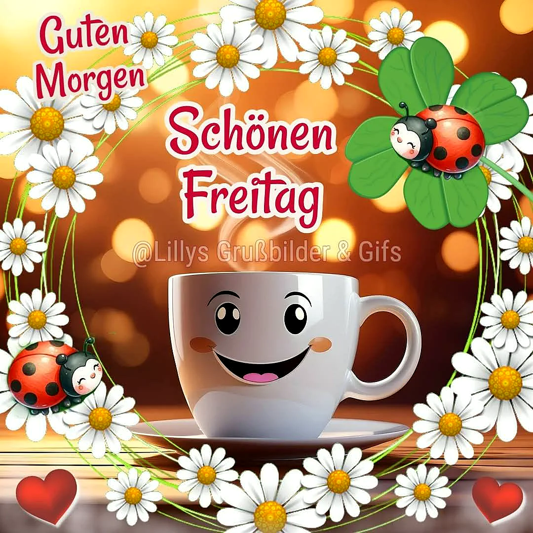Ein Cartoon-Kaffeebecher mit einem lächelnden Gesicht, umgeben von weißen Blumen, Marienkäfern und einem Kleeblatt auf einem goldenen Hintergrund mit Bokeh-Lichteffekten.