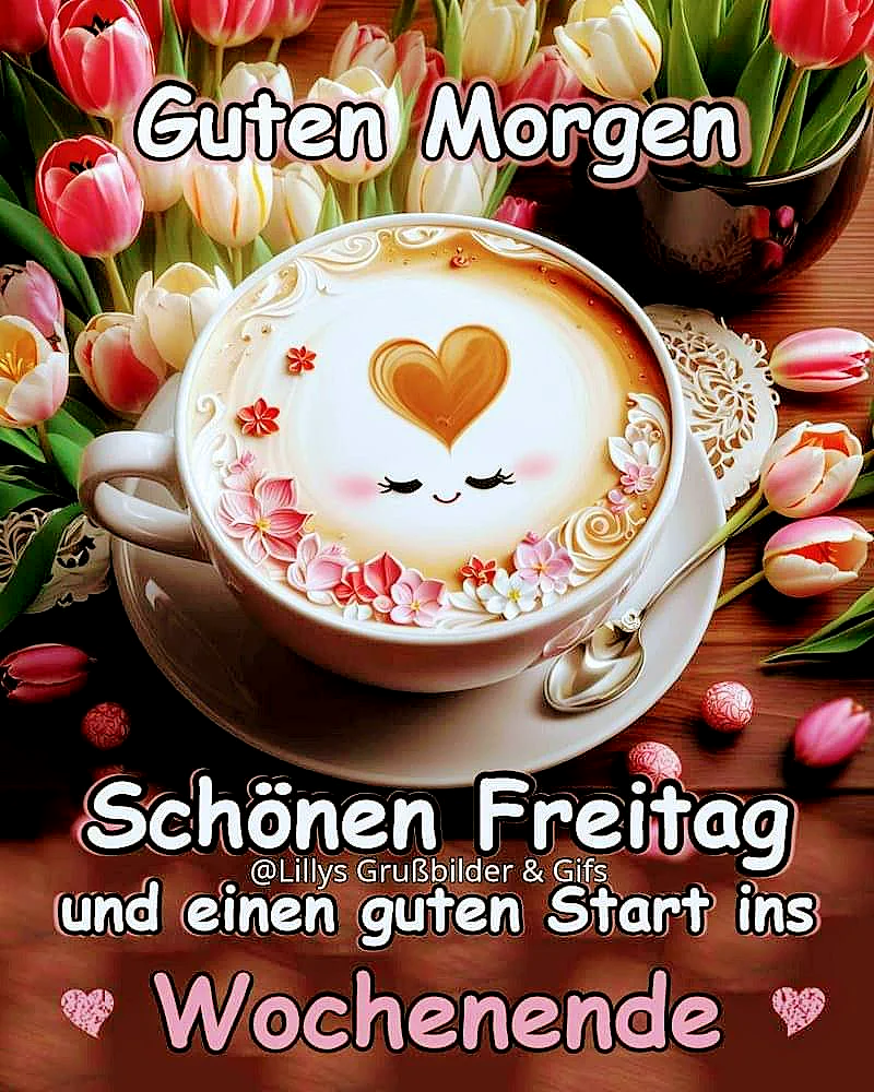 Ein gemütliches Bild mit einer Tasse Kaffee, die mit einem Herz aus Schaum dekoriert ist, auf einem Holztisch mit Tulpen und einer kleinen Vase im Hintergrund.