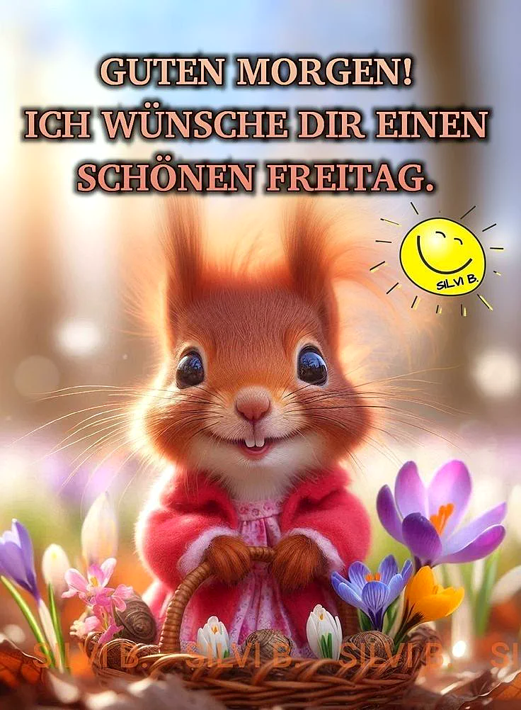Ein niedliches Eichhörnchen in einem rosa Kleid sitzt in einem Korb mit Frühlingsblumen, umgeben von Schnecken und einem gelben Smiley.