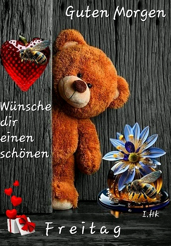 Ein niedlicher Teddybär steht vor einem dunklen Holz Hintergrund neben einer blauen Blume mit einer Biene und einem roten Herz mit einer Biene darauf. Es gibt auch ein kleines Geschenk mit einem roten Band.