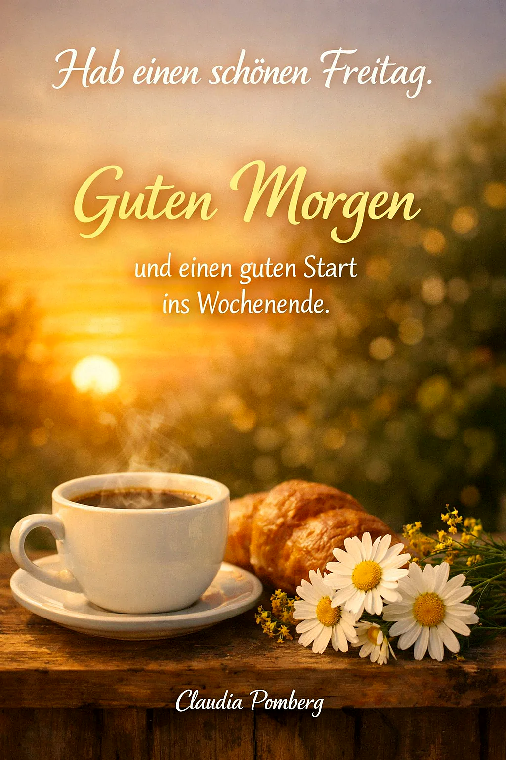Ein warmes Bild mit einer Tasse Kaffee, Croissant, Blumen und einem Sonnenaufgang im Hintergrund. Die Szene ist idyllisch und einladend.