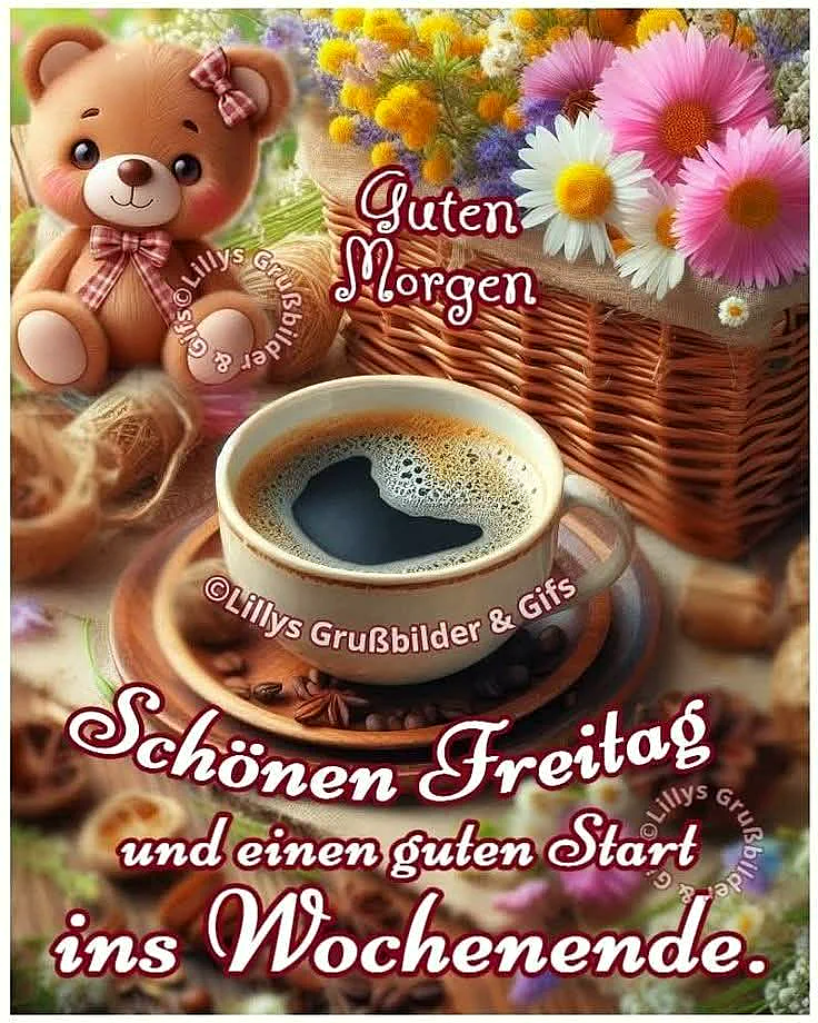 Ein süßer Teddybär sitzt neben einer Tasse Kaffee auf einem Tisch, umgeben von Blumen, einem Korb und verschiedenen Backwaren. Die Szene ist bunt und einladend.