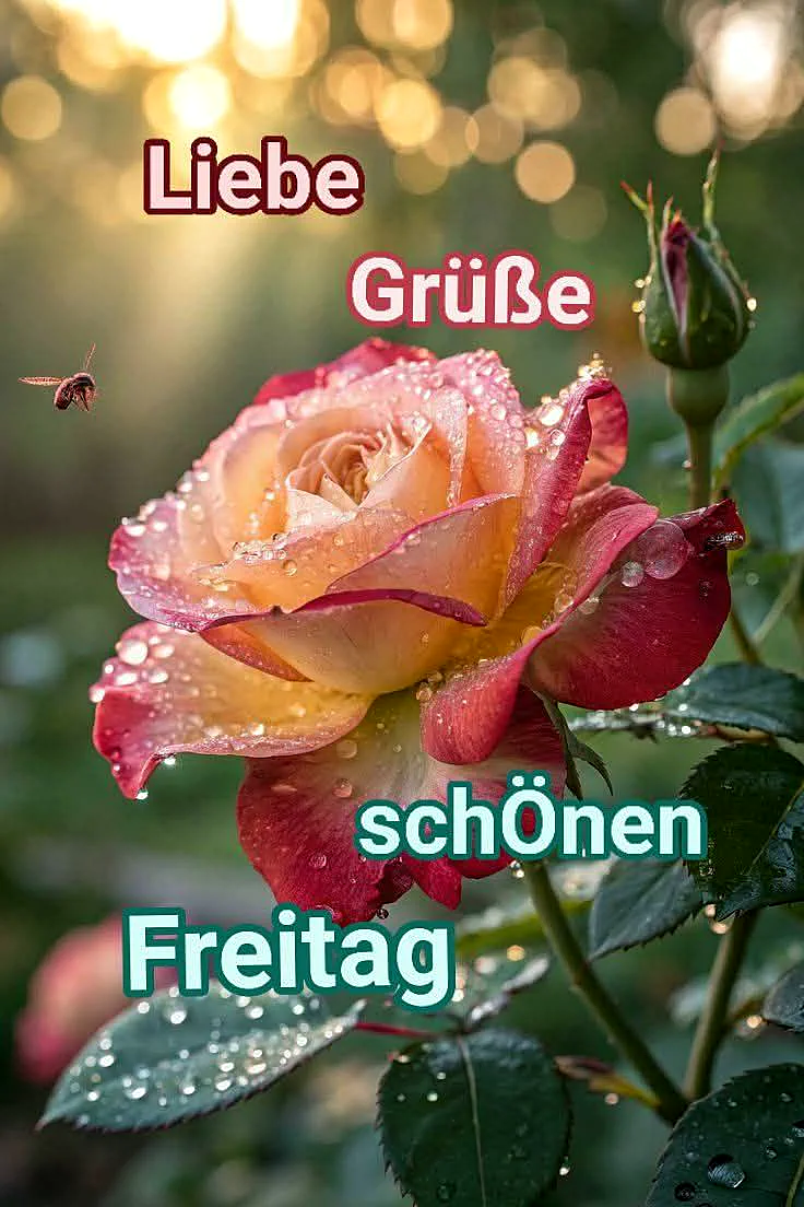 Eine rosa Rose mit roten Blatträndern, benetzt mit Wassertropfen, im Hintergrund ein unscharfer Garten mit Bokeh-Effekt und ein Insekt.