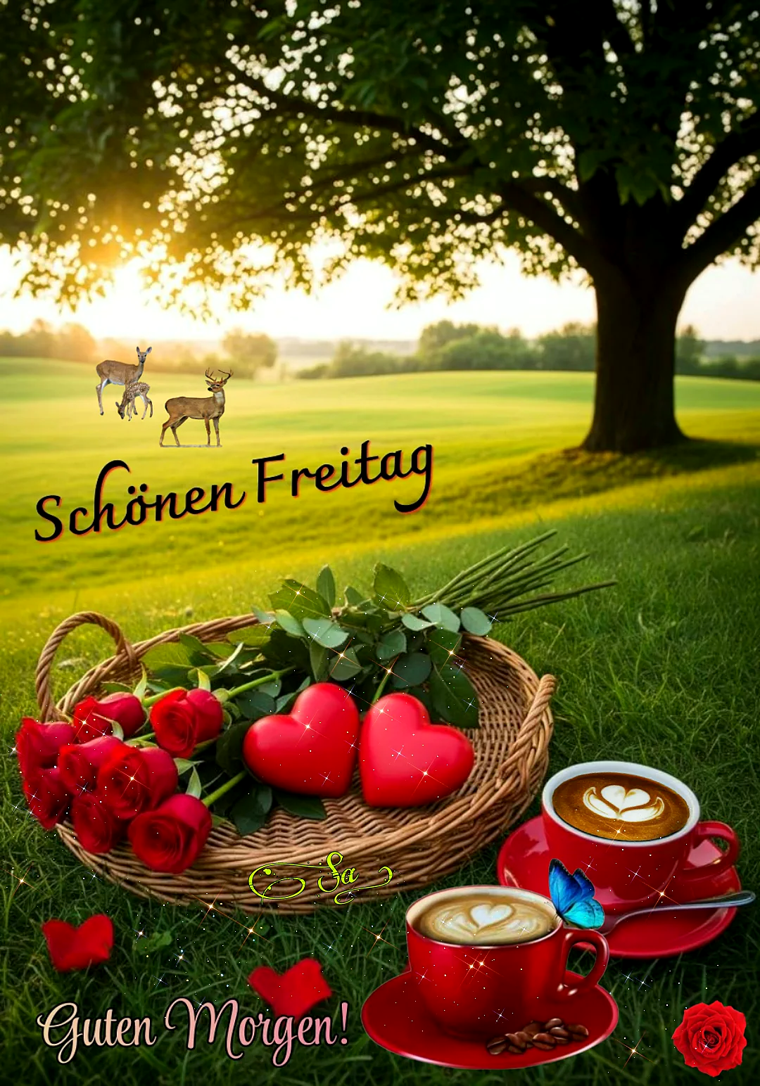 Ein Korb mit roten Rosen und Herzen auf einer Wiese, zwei Tassen Kaffee im Vordergrund, Hirsche im Hintergrund, Sonnenaufgang