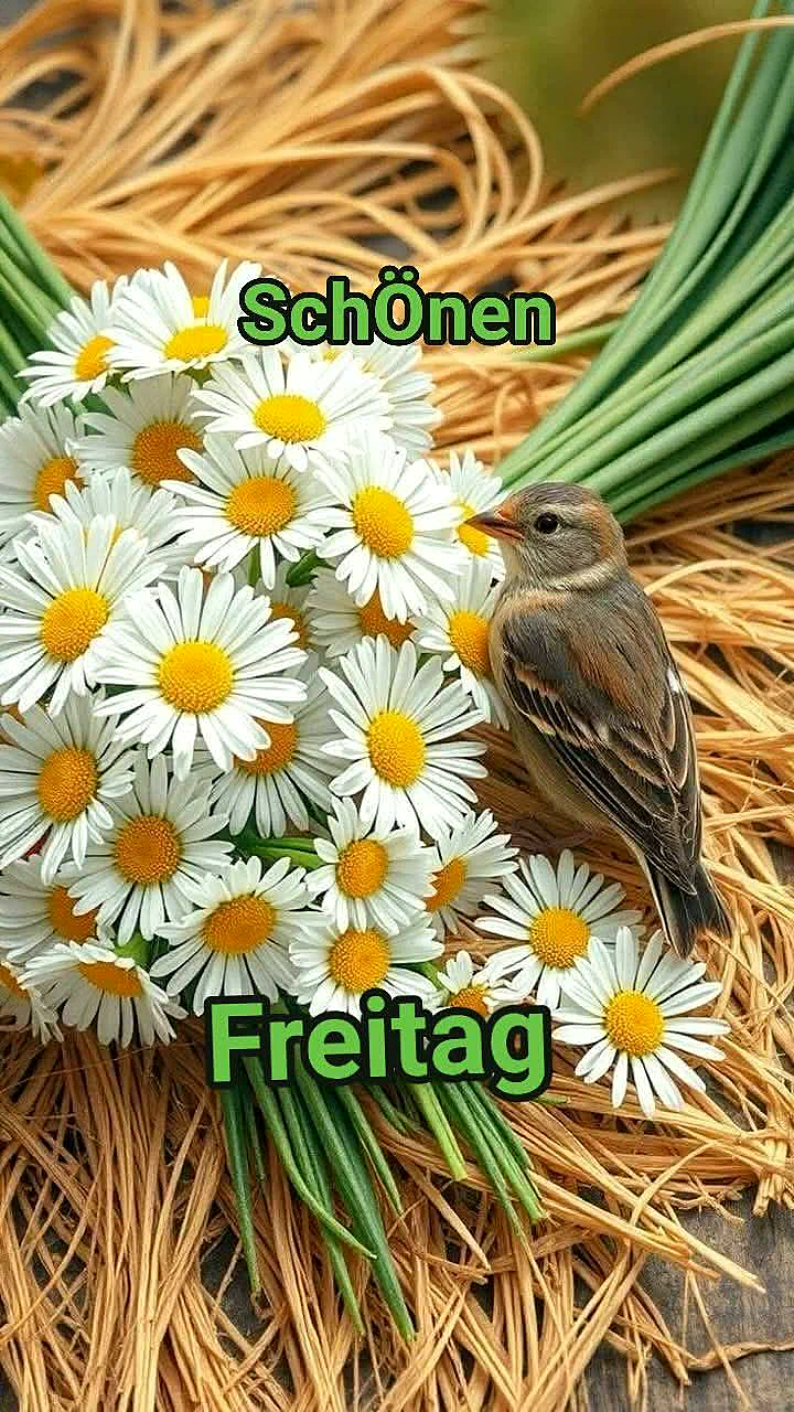 Ein kleines Vogel sitzt auf einem Bund weißer Margeriten mit gelben Zentren, umgeben von grünen Stängeln und trockenen, gelben Gras. Der Vogel hat braune und orangefarbene Federn.