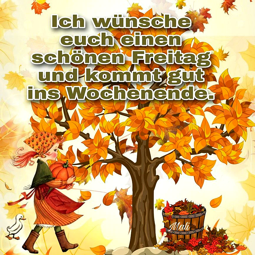 Ein Mädchen in Herbstkleidung hält einen Kürbis und geht unter einem Baum mit orangefarbenen Blättern. Ein Eimer mit Blättern und ein Gänsepaar sind auch zu sehen.