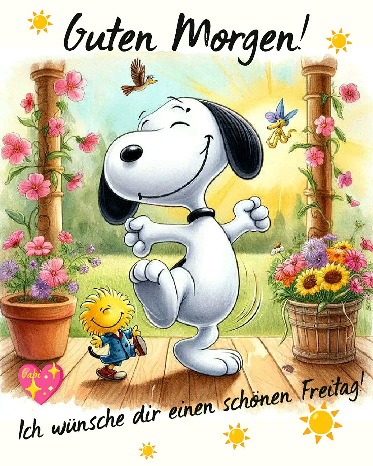 Ein Cartoon-Bild von Snoopy und einem gelben Charakter auf einer Veranda mit Blumen, im Hintergrund ein sonniger Himmel.