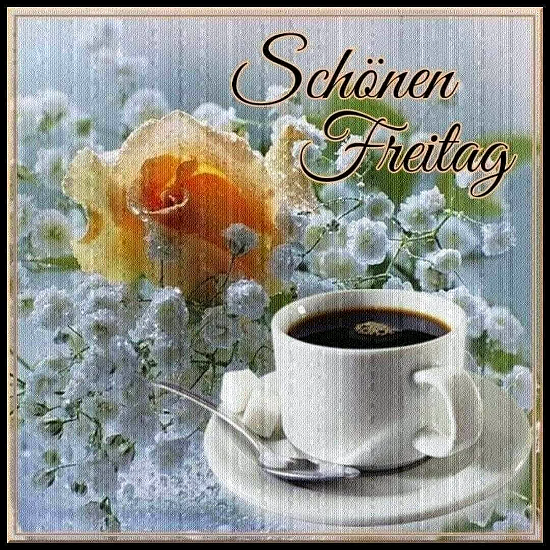 Ein Bild mit einer Tasse Kaffee, einer gelben Rose und weißen Blumen, symbolisierend einen schönen Freitagmorgen.