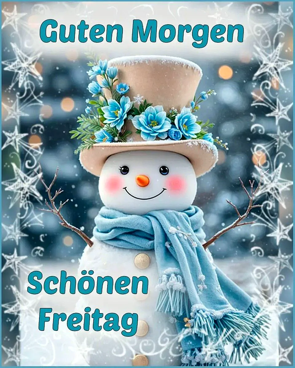 Ein lächelnder Schneemann mit blauem Schal und Hut, umgeben von Schnee und Sternen, hält Zweige in den Händen.