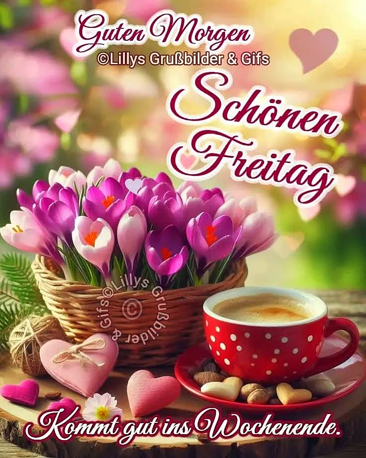 Ein fröhliches Bild mit einem roten Kaffeebecher mit weißen Punkten, umgeben von rosa und violetten Blumen in einem Korb, herzförmigen Dekorationen und Nüssen auf einem Holztisch, vor einem unscharfen Hintergrund mit Blumen und Sonnenlicht.