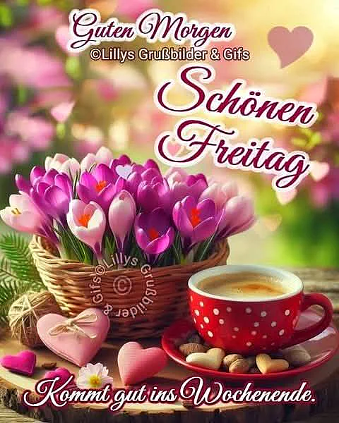 Ein Korb mit rosa und violetten Tulpen, ein roter Kaffee-Becher mit weißen Punkten, ein paar Herzen und ein paar Nüssen auf einem Holztisch. Der Hintergrund ist unscharf und zeigt mehr Blumen.