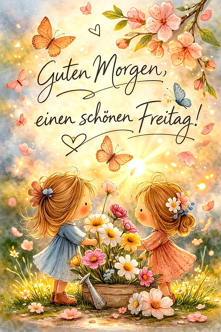 Ein digitales Bild mit zwei kleinen Mädchen, die Blumen gießen. Die Mädchen stehen in einem Garten mit vielen Blumen und Schmetterlingen. Der Hintergrund ist hell und sonnig.