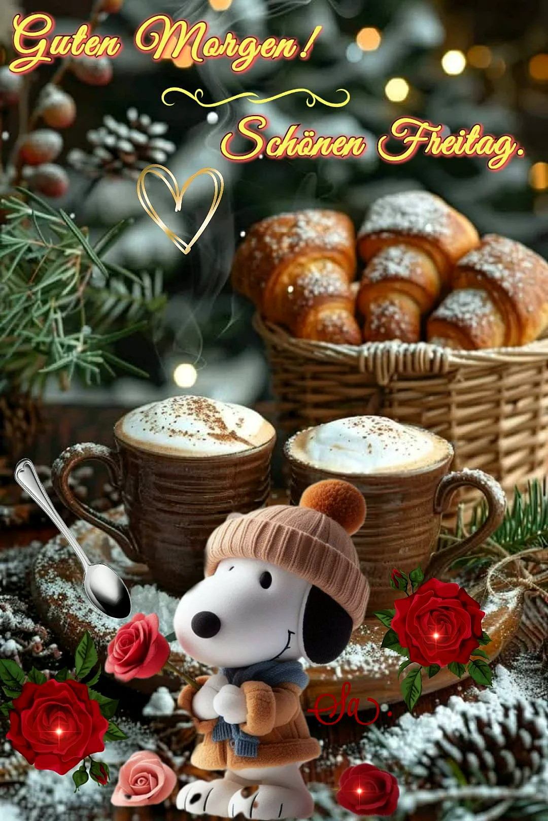Ein Bild mit Snoopy, der einen Hut und eine Jacke trägt, vor zwei Kaffeetassen mit Milchschaum, umgeben von roten Rosen, Croissants und einem Weihnachtsbaum im Hintergrund.