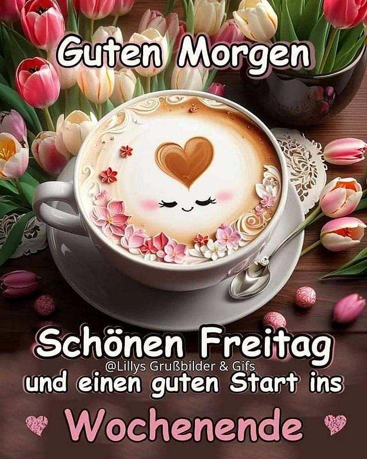 Ein weißer Kaffeebecher mit einer Herzdekoration auf dem Kaffee, umgeben von Tulpen und Süßigkeiten auf einem Holztisch