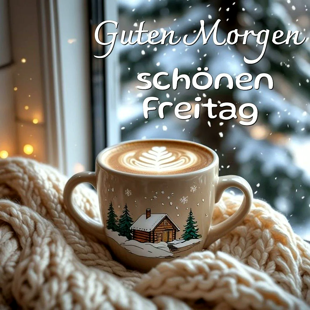 Ein warmes Wintermorgenbild mit einer Tasse Kaffee, die ein gemütliches Chalet zeigt, umgeben von Schnee und Tannen, während Schneeflocken herabfallen.