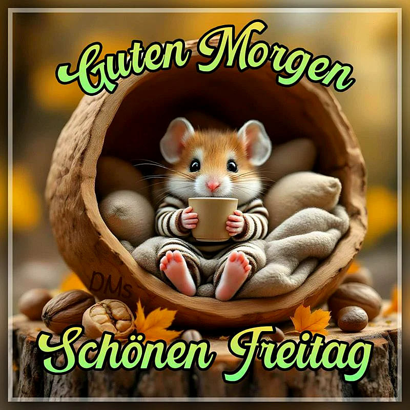 Ein niedlicher Hamster sitzt in einer Nussschale, hält eine Tasse Kaffee in den Pfoten und trägt eine gemütliche Decke. Der Hamster hat eine braune und weiße Fellzeichnung, große Ohren und einen rosa Schnäuzchen. Die Szene ist mit Herbstlaub und Nüssen dekoriert.