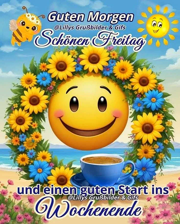 Ein lächelndes Emoji-Gesicht, umgeben von einem Kranz aus Sonnenblumen und anderen Blumen, mit einer Tasse Kaffee vor einem Strandhintergrund. Der Himmel ist blau mit weißen Wolken.