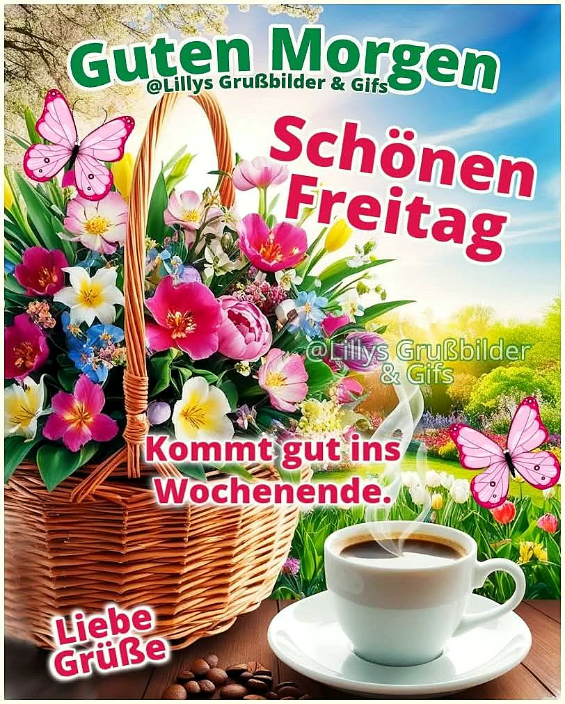 Ein Korb voller bunter Blumen, ein dampfender Kaffee und ein paar Schmetterlinge vor einem sonnigen Hintergrund mit Gras und Bäumen.