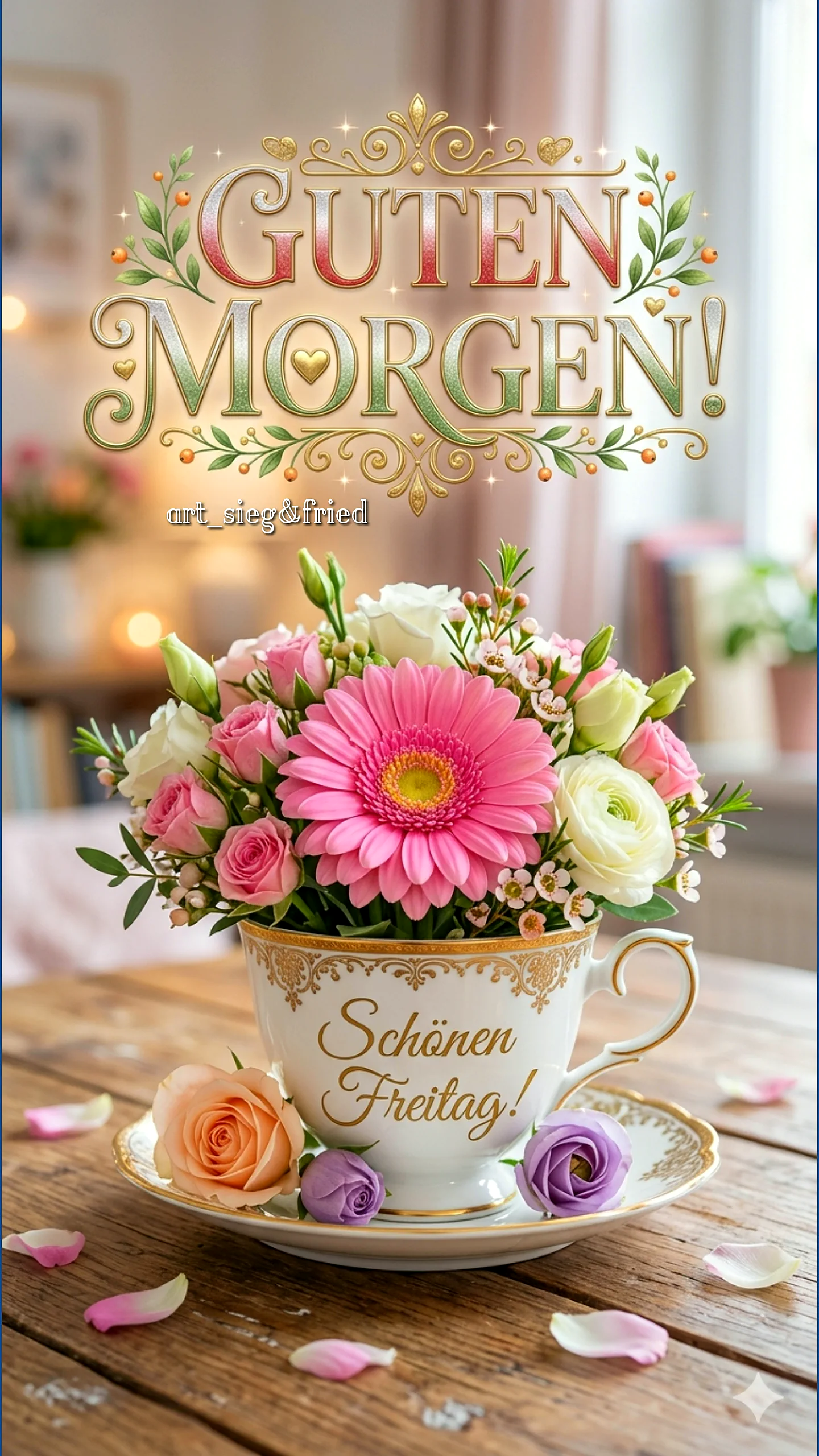 Ein Blumenstrauß in einer Teetasse mit goldenen Verzierungen auf einem Holztisch, im Hintergrund ein gemütliches Zimmer.