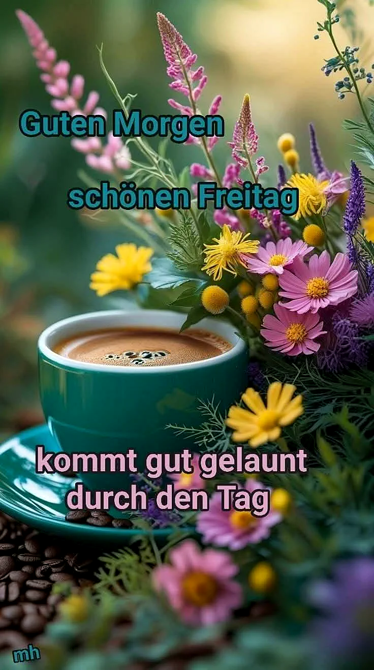 Ein grüner Kaffeebecher mit Untertasse steht auf einem Tisch, umgeben von einem Blumenstrauch mit pinken, gelben und violetten Blumen. Der Kaffee ist cremig und die Blumen sind frisch.