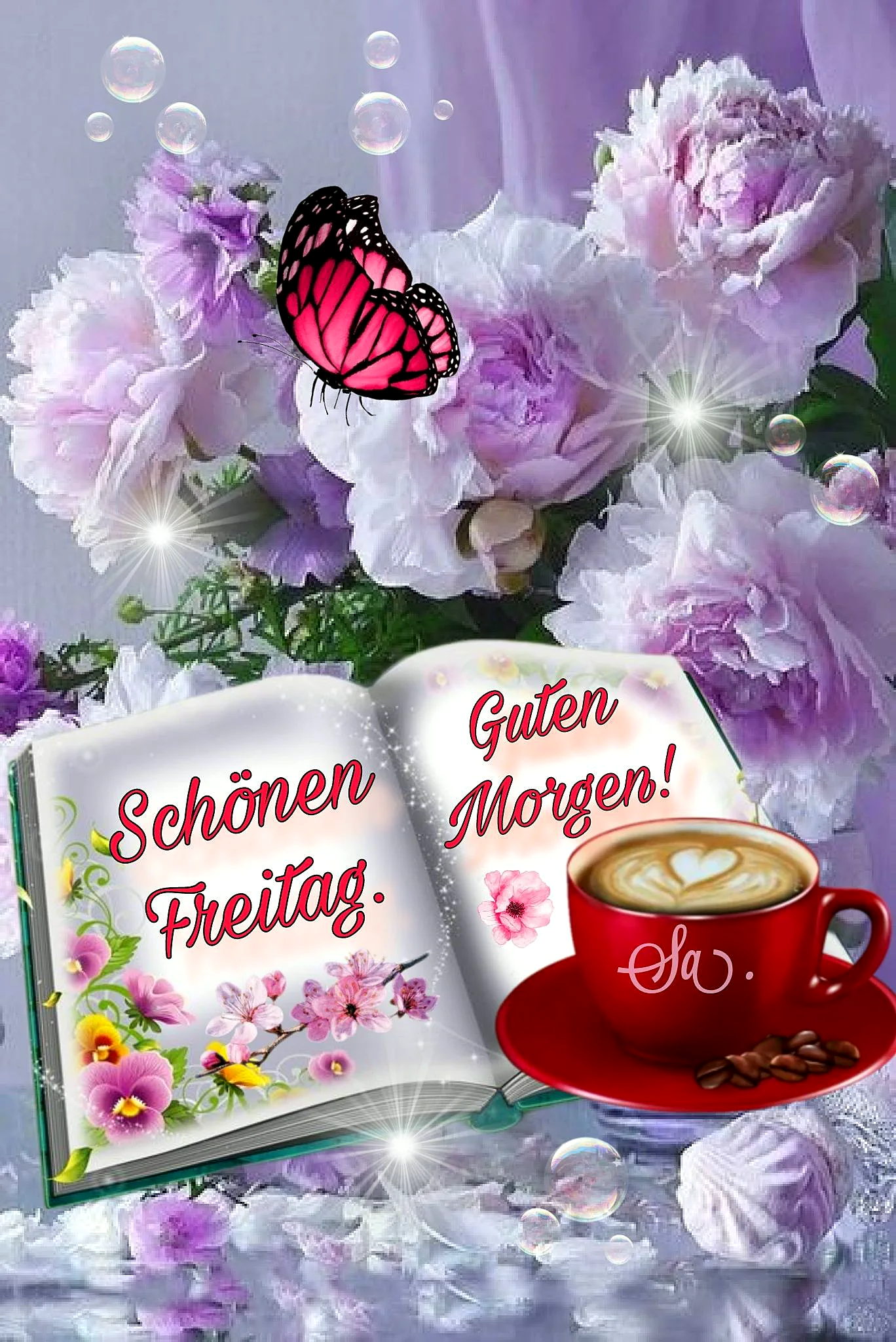 Ein offenes Buch mit den Worten 'Schönen Freitag. Guten Morgen!' in roter Schrift, umgeben von Blumen, einem Schmetterling, Seifenblasen und einer Tasse Kaffee.