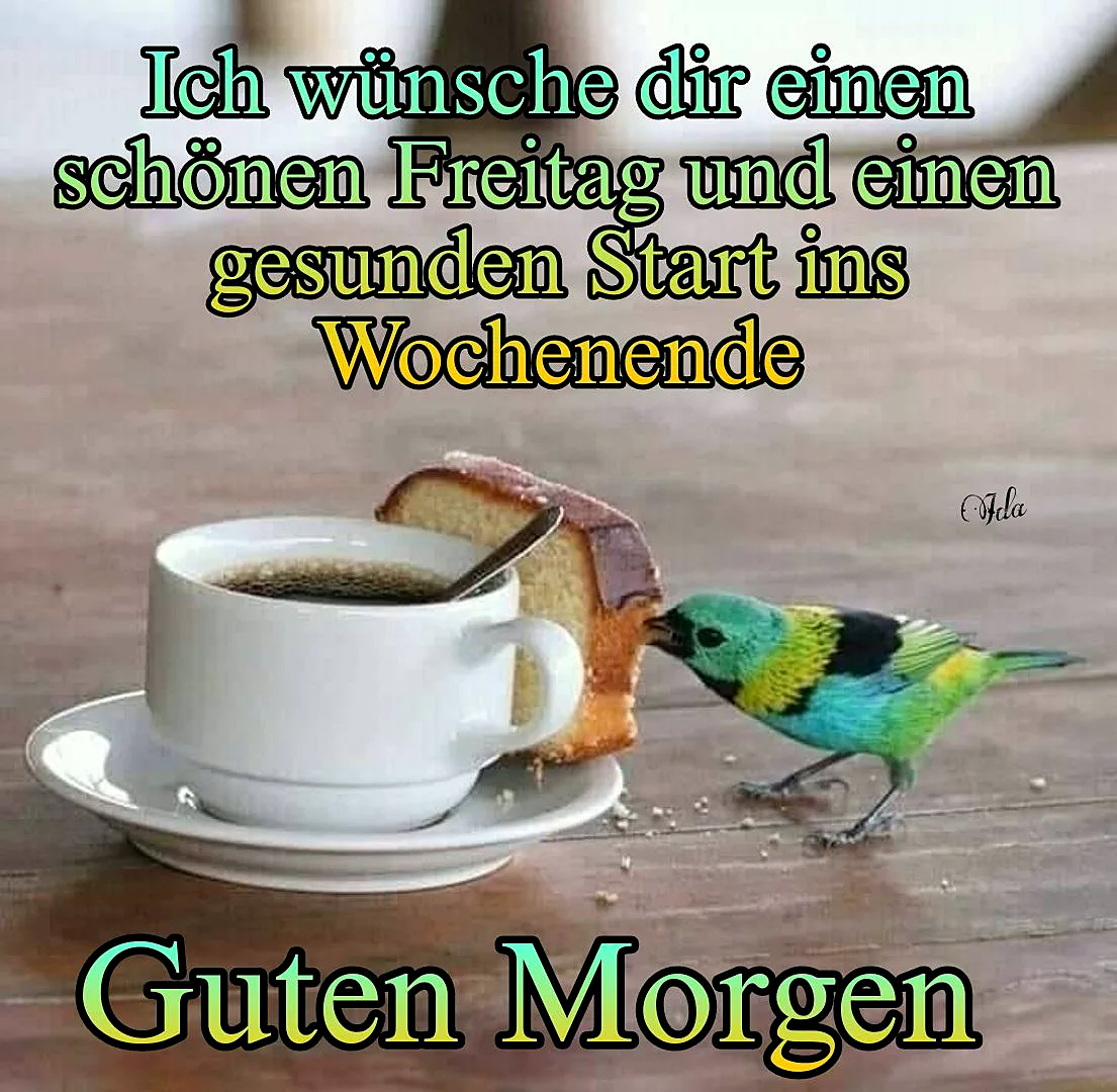 Ein farbenfroher Vogel neben einer Tasse Kaffee und einem Stück Kuchen auf einem Holztisch, guter Morgen