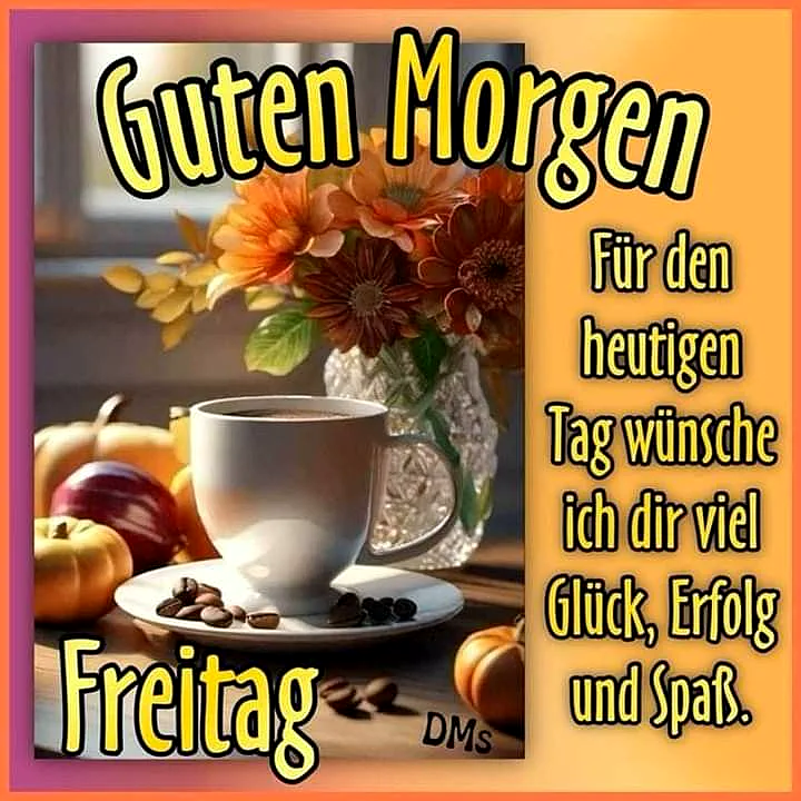 Ein Bild mit einer Tasse Kaffee, Blumen und Früchten auf einem Tisch, umgeben von einer warmen und einladenden Atmosphäre.