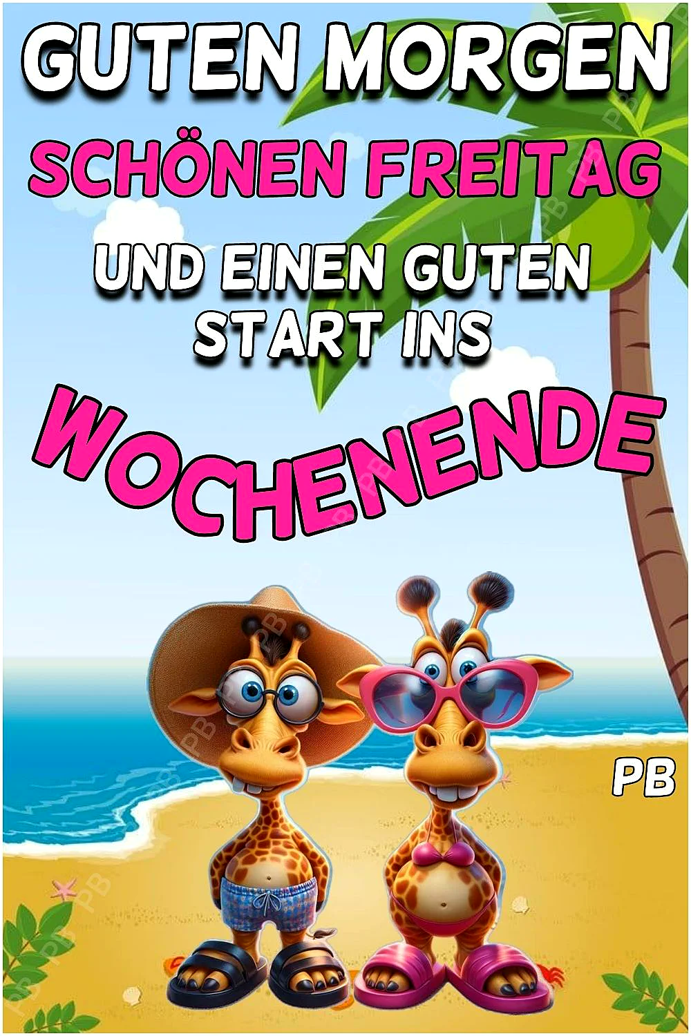 Ein cartoonartiges Bild von zwei Giraffen in Strandkleidung, die auf einem Sandstrand stehen, mit einer Palme und einem blauen Himmel im Hintergrund.