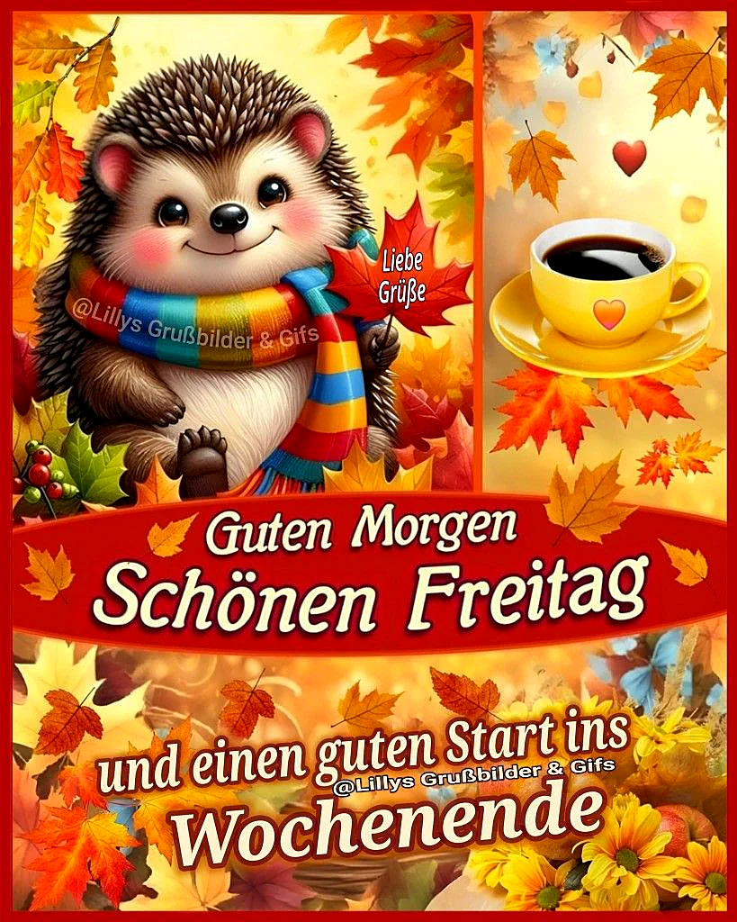 Ein Igel mit farbenfrohem Schal vor Herbstlaub, daneben eine Tasse Kaffee mit Herz. Der Hintergrund ist gelb mit Herbstblättern.