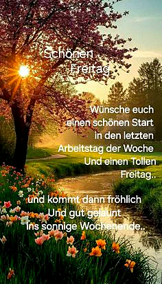 Ein sonniger Landschaftsbild mit einem blühenden Baum, Blumen und einem See. Der Sonnenaufgang ist im Hintergrund sichtbar.