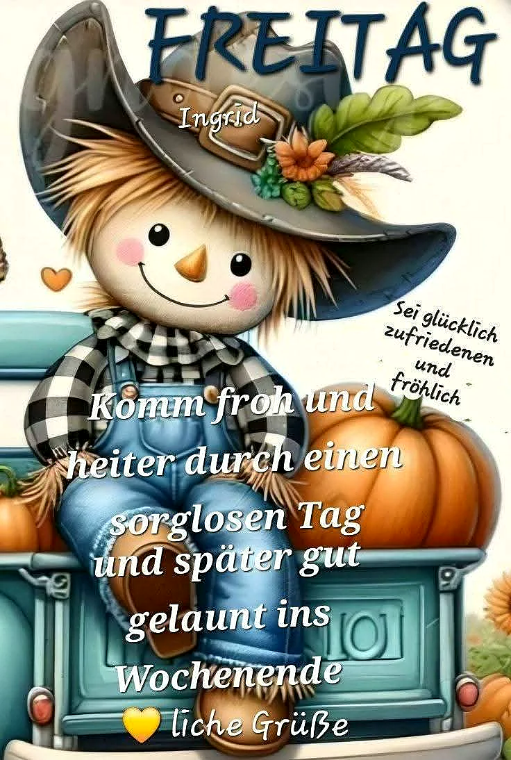 Ein Cartoon-Kürbiskopf mit Hut und Schalsitzt auf einem alten Lastwagen mit Kürbissen.