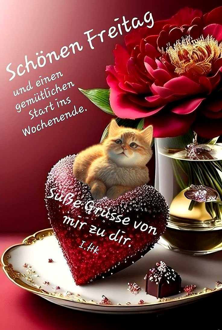 Ein niedliches Katzenbaby sitzt auf einem herzförmigen, rot-rosa Dessert mit goldener Schale und goldenen Besteck, neben einem Glas mit goldener Dekoration und einer großen, dunkelroten Blume im Hintergrund. Der Text 'Schönen Freitag und einen gemütlichen Start ins Wochenende. Süße Grüße von mir zu dir.' ist in weißer Schrift über und auf dem Bild platziert.