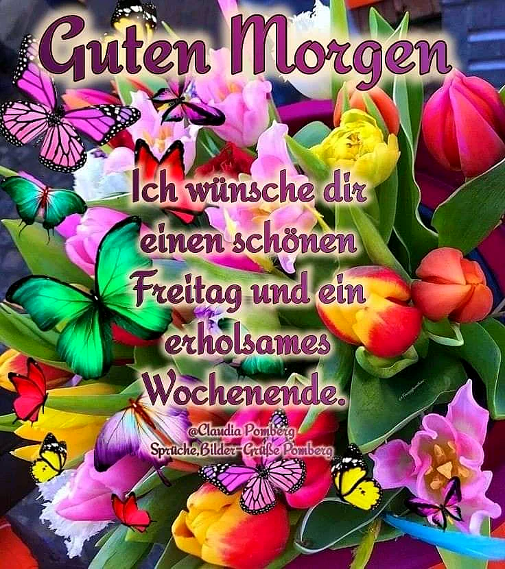 Ein farbenfrohes Blumenbouquet mit Tulpen in verschiedenen Farben, umgeben von zahlreichen bunten Schmetterlingen.