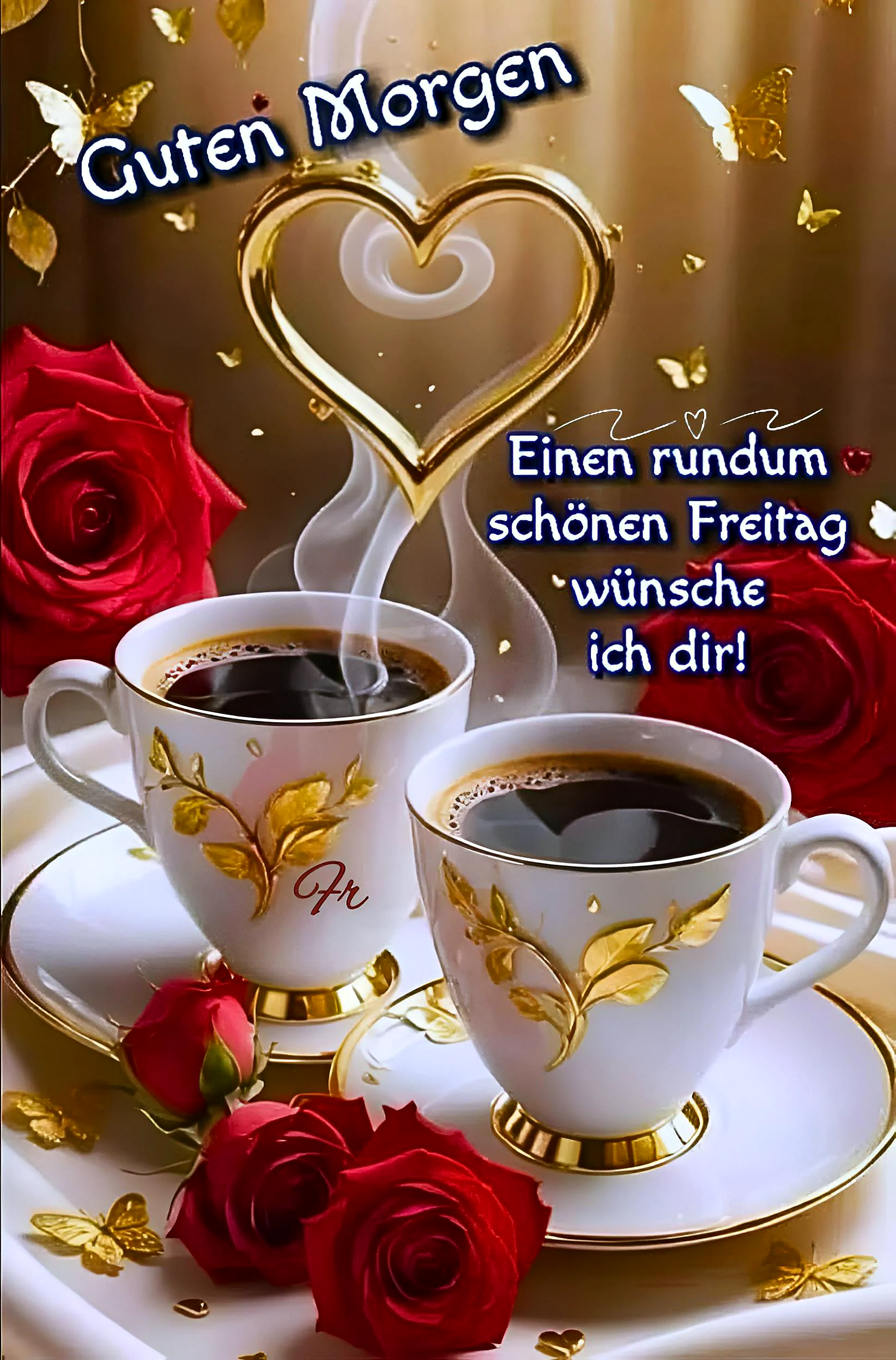 Zwei weiße Kaffeetassen mit goldenen Verzierungen und Kaffee auf einem goldenen Tablett, umgeben von roten Rosen, goldenen Schmetterlingen und einem goldenen Herz. Im Hintergrund ein goldener Vorhang.