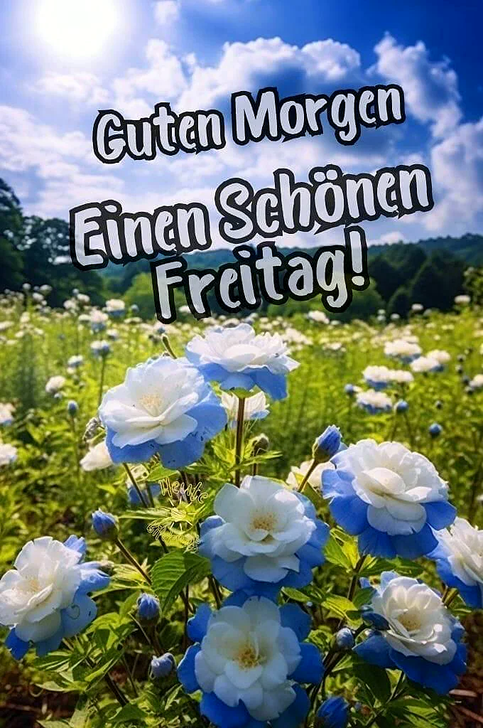 Ein Feld mit blauen und weißen Rosen unter einem blauen Himmel mit Wolken. Der Text 'Guten Morgen Einen Schönen Freitag!' ist über das Bild gelegt.
